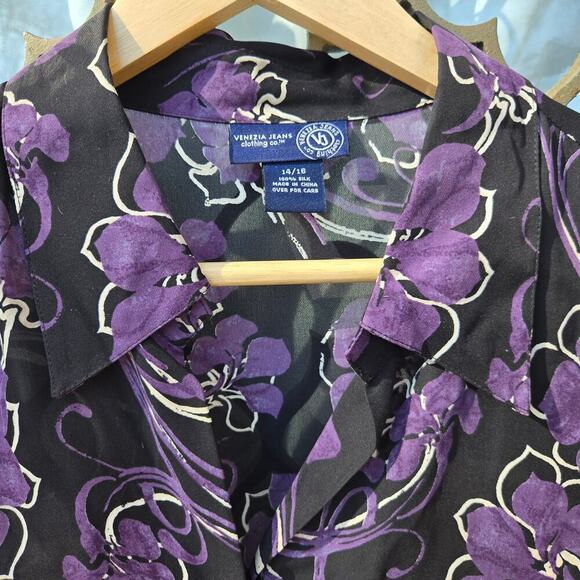 Venezia Jeans Womens Purple Floral Silk Blouse 14/16 Bell Sleeve Whimsigoth Boho - Picture 3 of 8